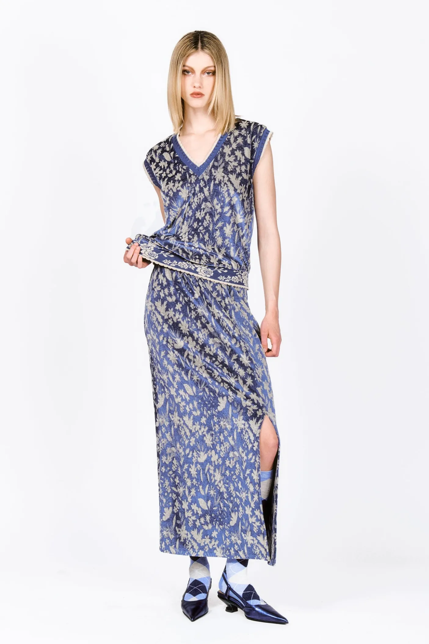 Bluebell Velour Maxi Skirt with Slit