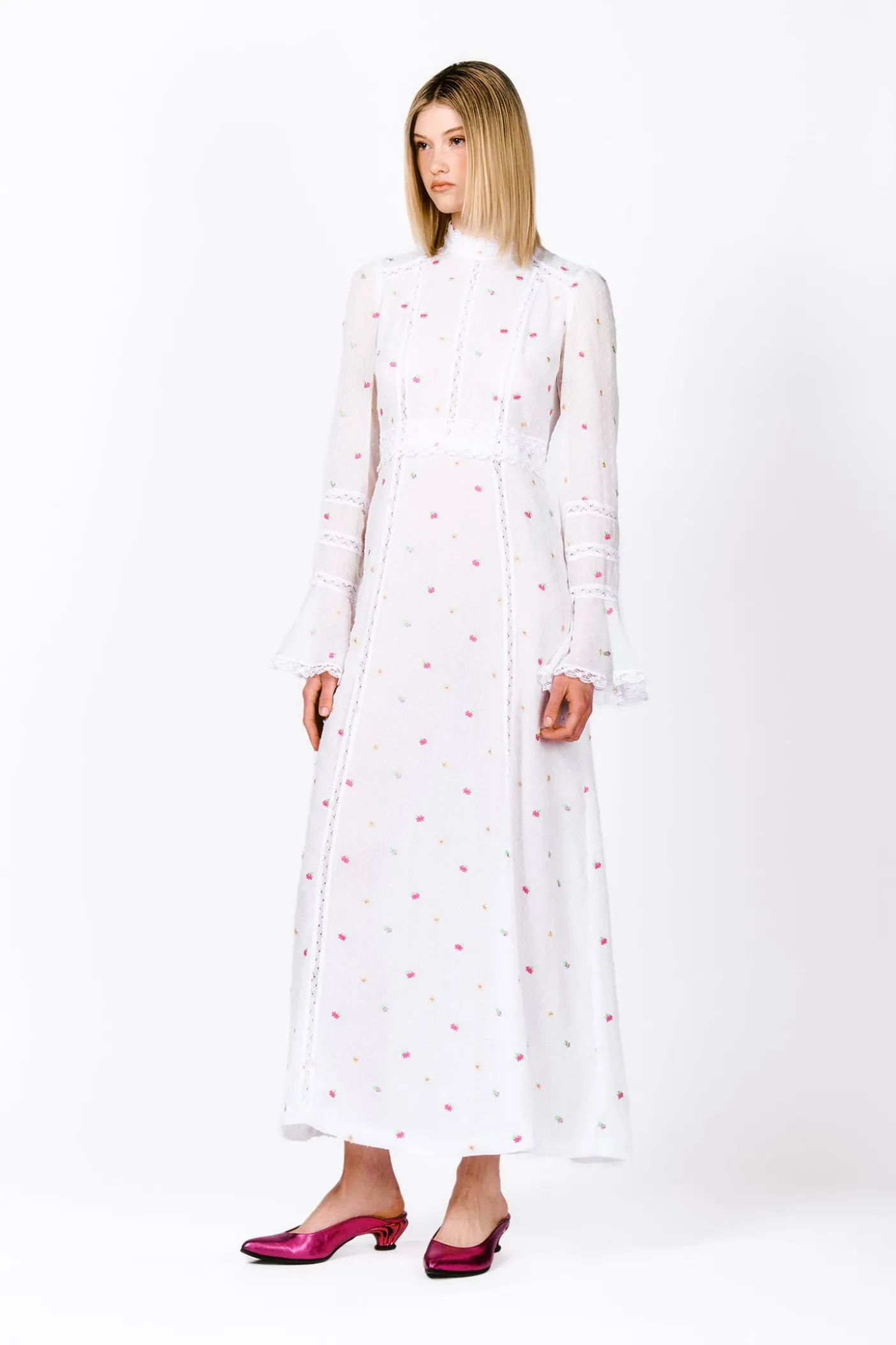 Cluny Lace Trimmed Floral Swiss Dot Maxi Dress
