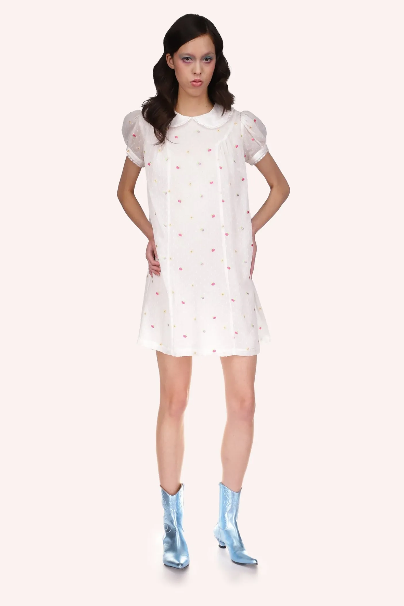 Cluny Lace Trimmed Floral Swiss Dot Babydoll Dress