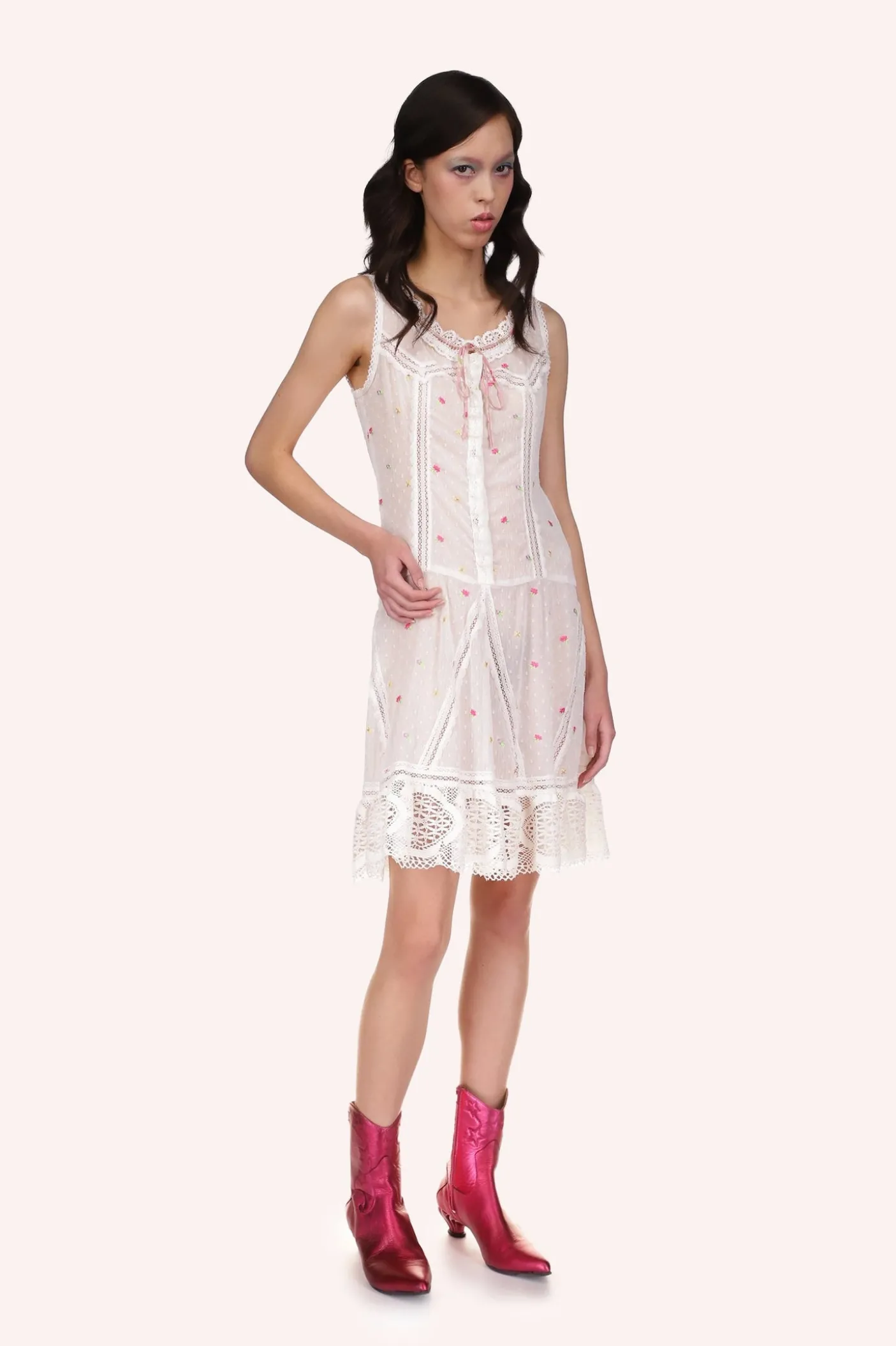 Cluny Lace Trimmed Floral Swiss Dot Slip Dress