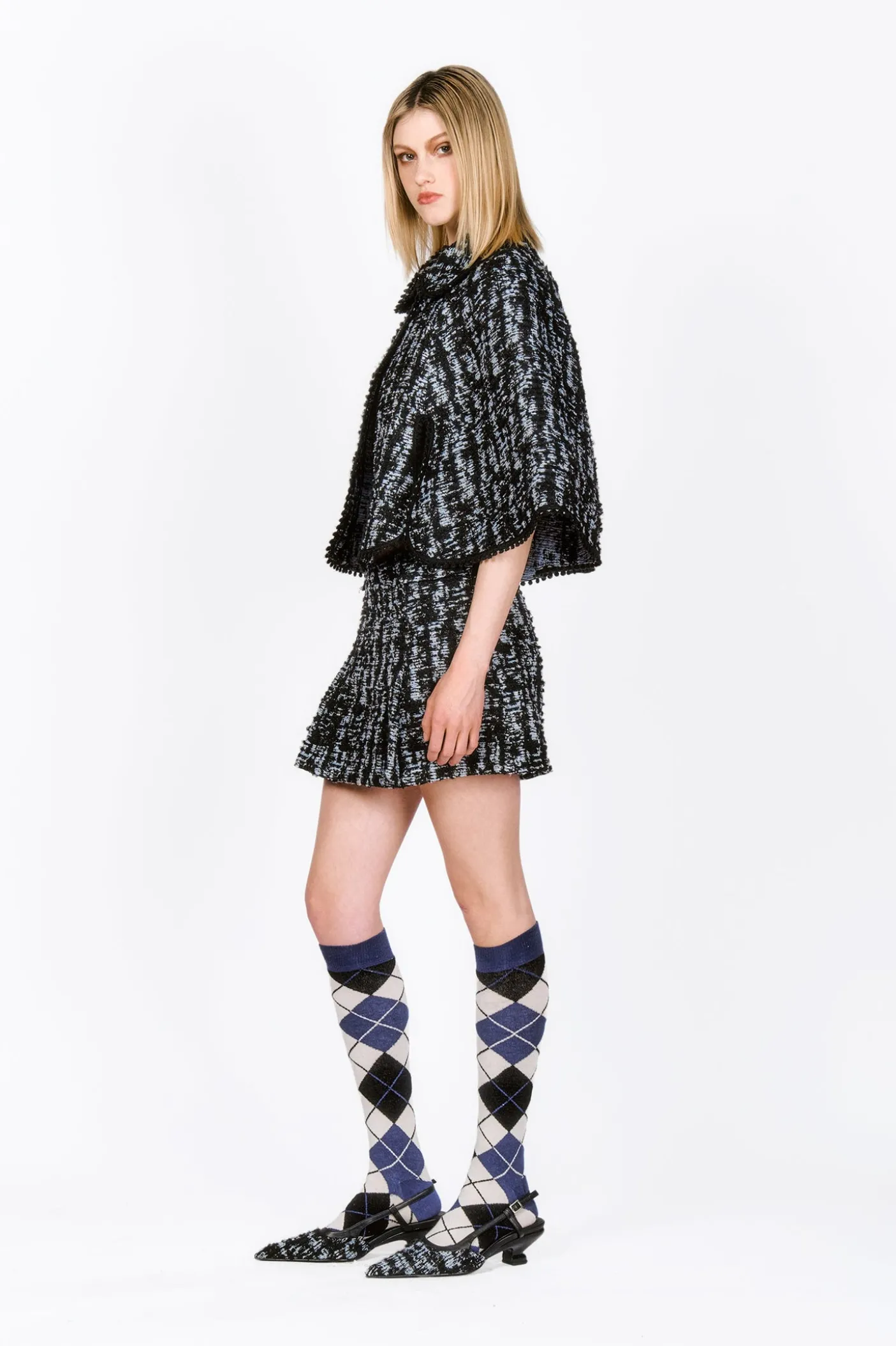 Cornflower Tweed Pleated Mini Skirt