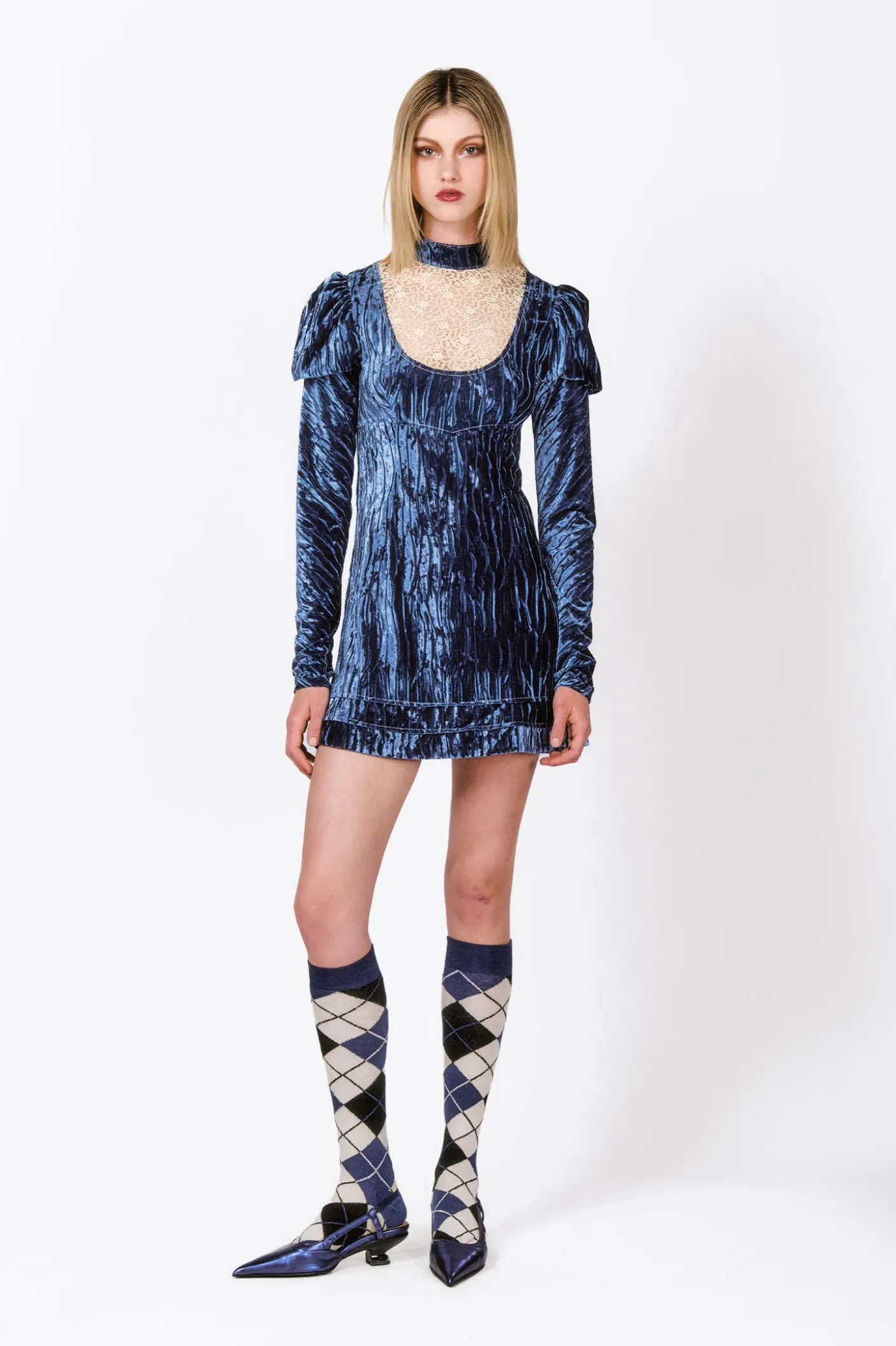 Crushed Velvet Cream Lace Mini Dress