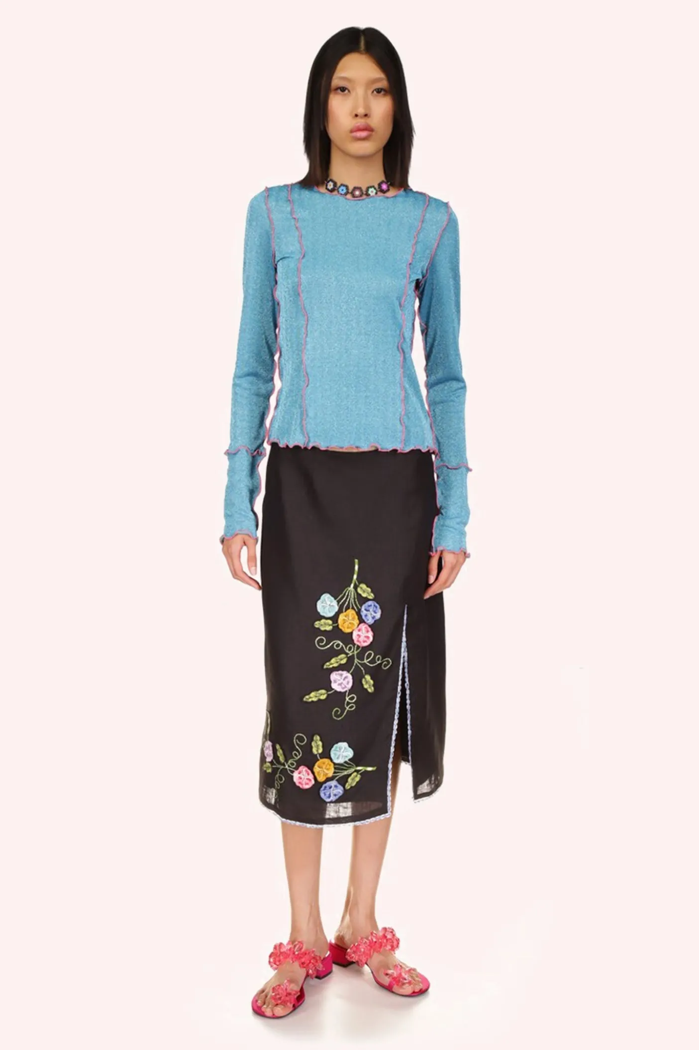 3-D Pansy Embroidered on Linen Skirt