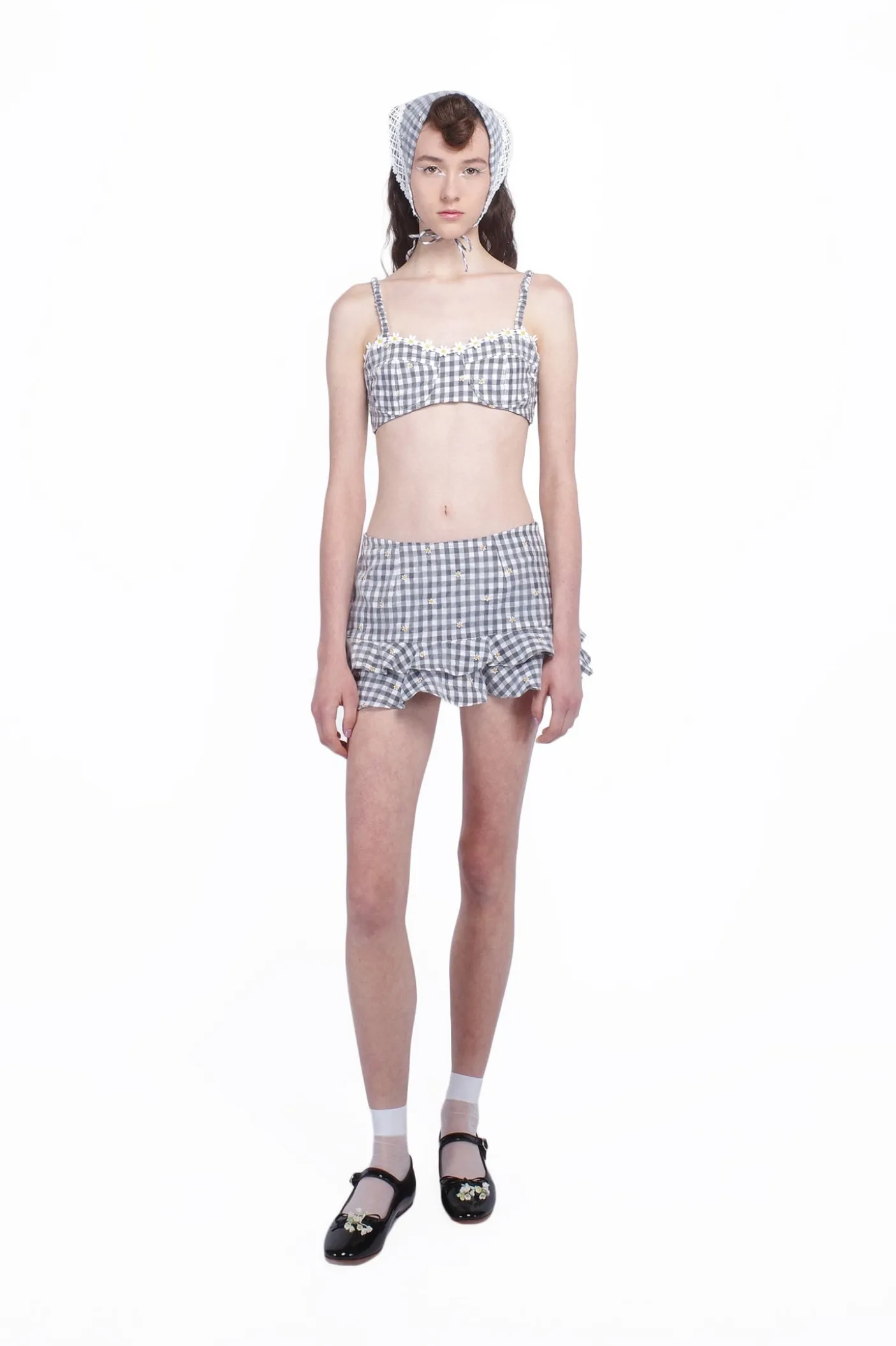 Daisy Embroidery on Gingham Bikini Set