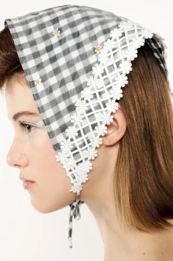 Daisy Embroidery on Gingham Headscarf