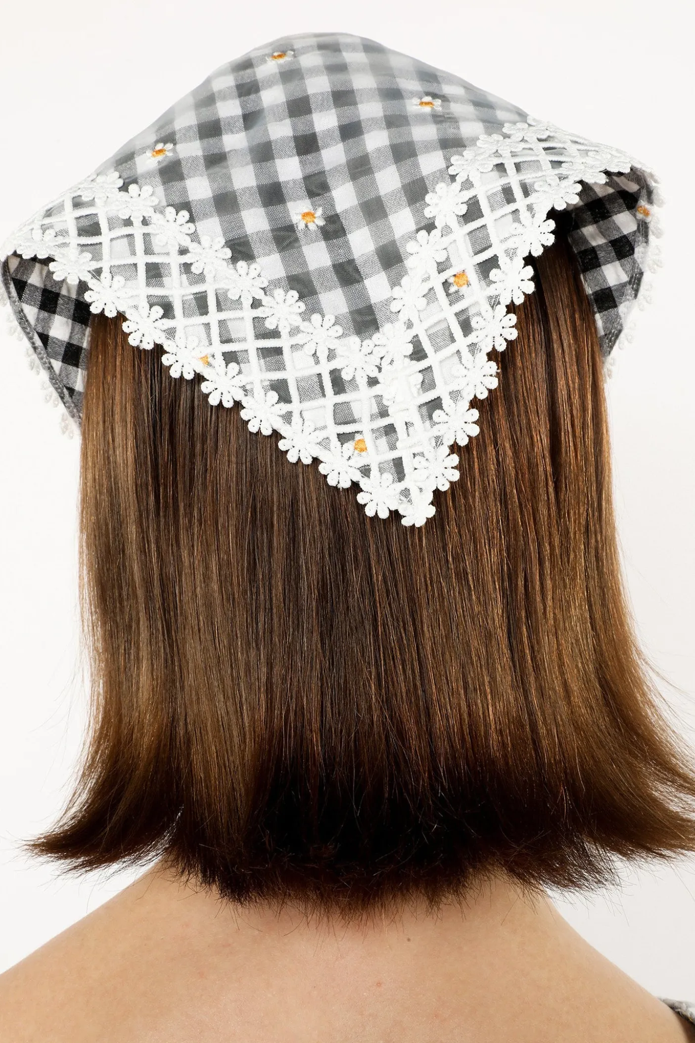 Daisy Embroidery on Gingham Headscarf