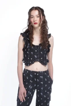 Denim Embroidered Roses Cropped Vest