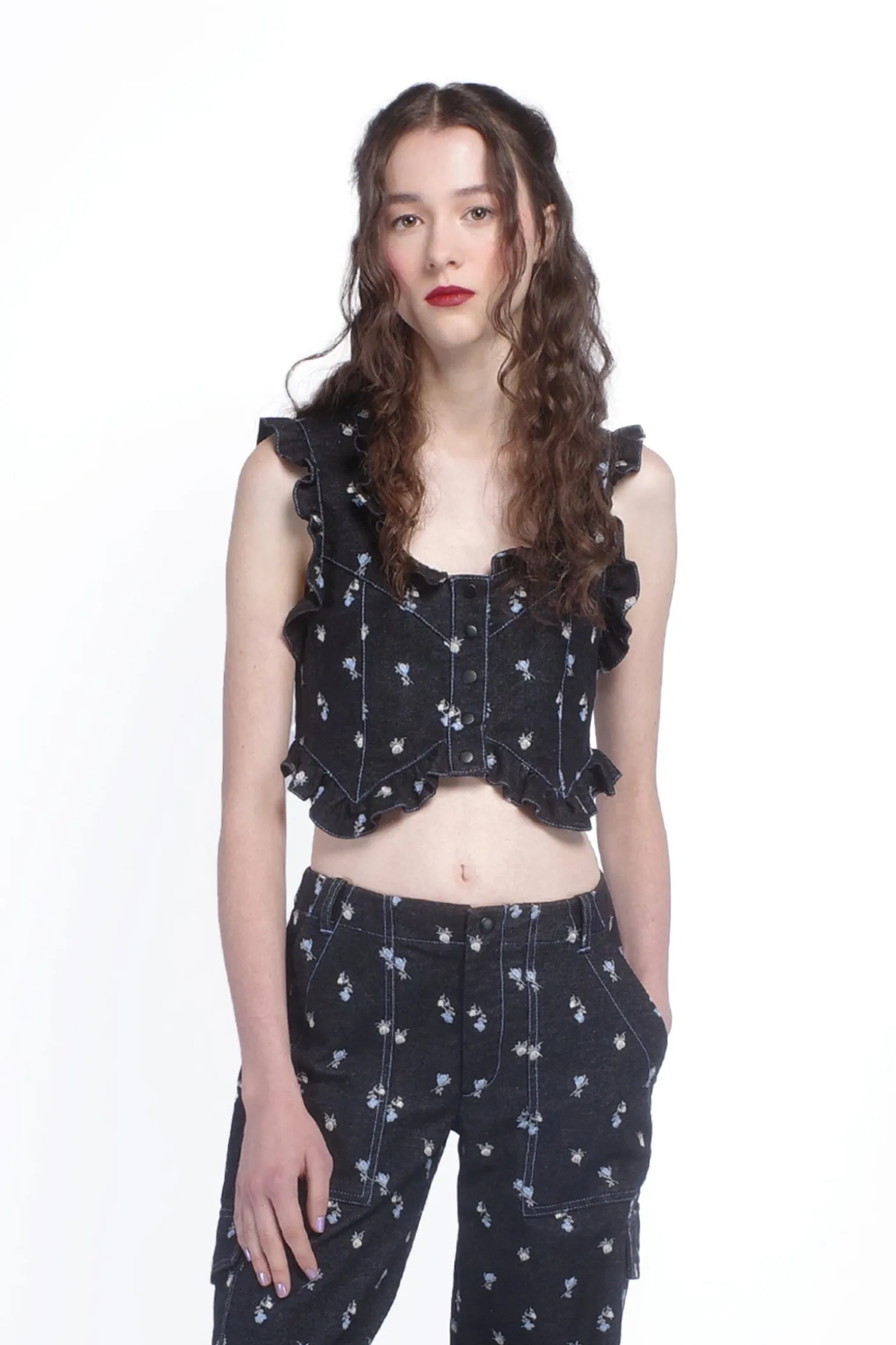 Denim Embroidered Roses Cropped Vest