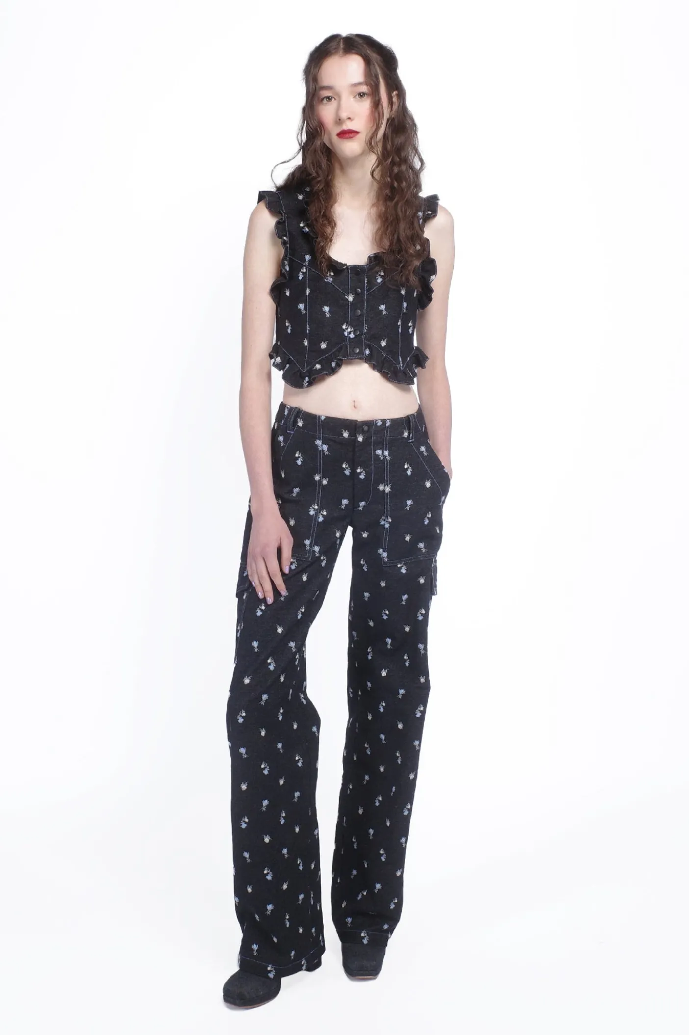 Denim Embroidered Roses Cargo Pants