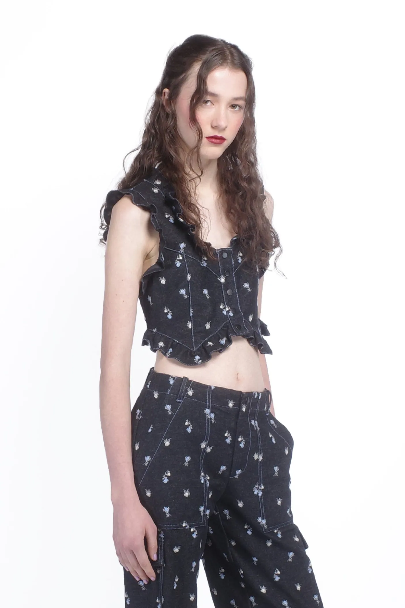 Denim Embroidered Roses Cropped Vest