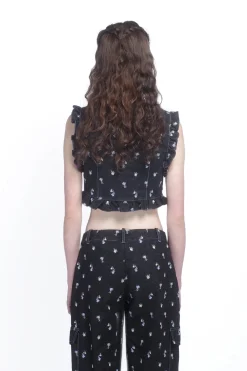 Denim Embroidered Roses Cropped Vest