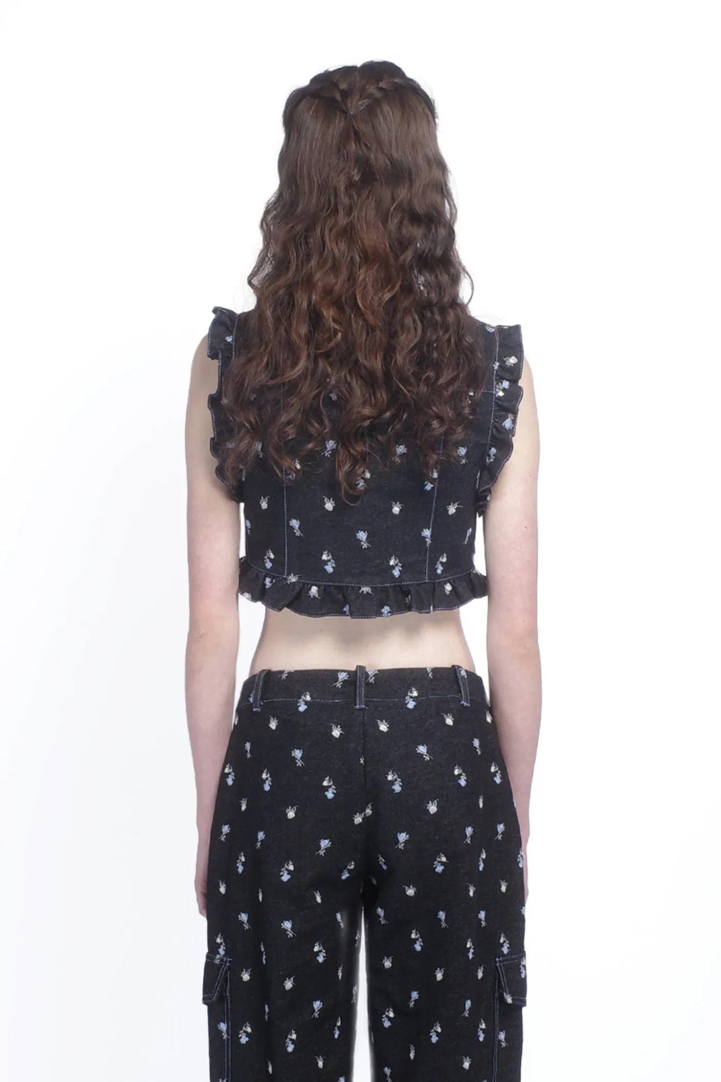 Denim Embroidered Roses Cropped Vest