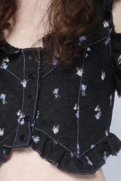 Denim Embroidered Roses Cropped Vest