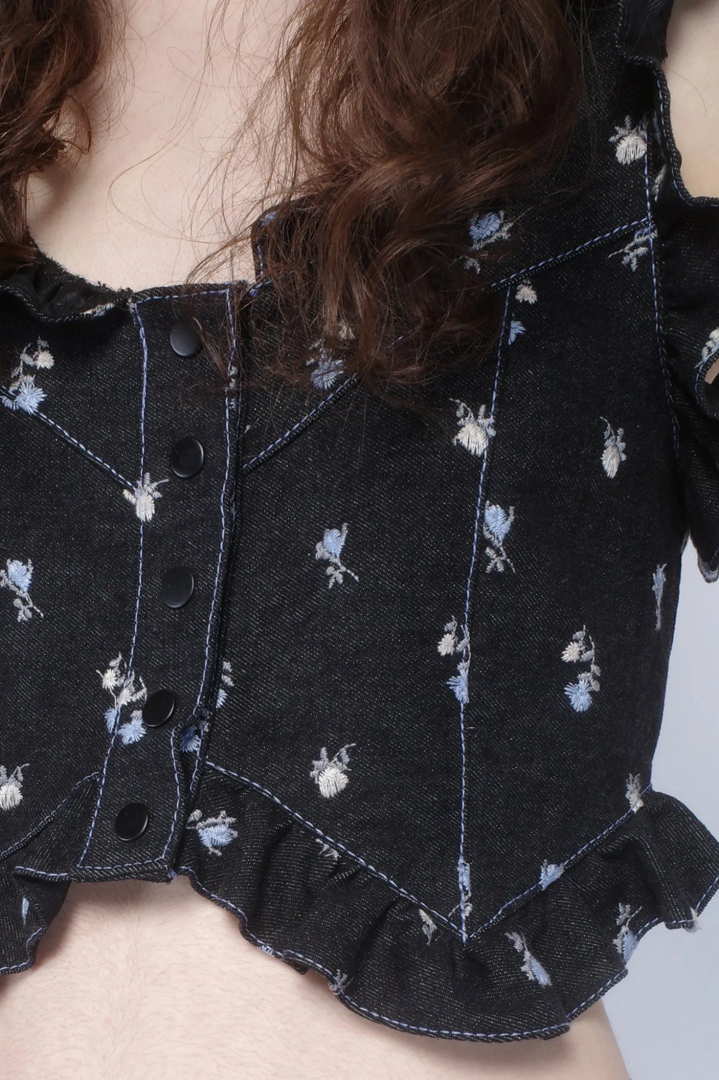 Denim Embroidered Roses Cropped Vest