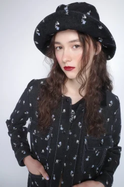Denim Embroidered Roses Oversized Brim Hat