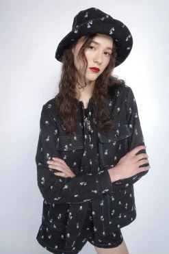 Denim Embroidered Roses Oversized Brim Hat