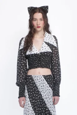 Ditsy Dot Chiffon Collared Smocked Top