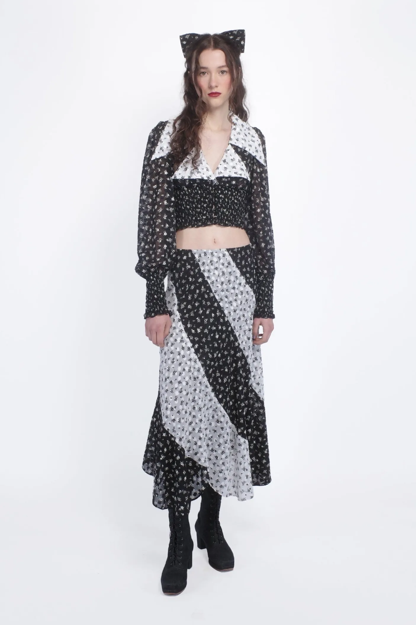 Ditsy Dot Chiffon Collared Smocked Top