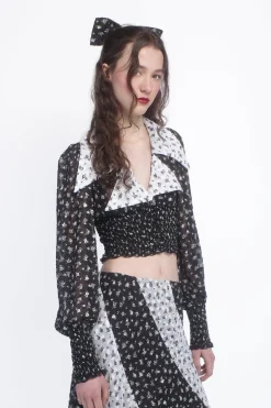 Ditsy Dot Chiffon Collared Smocked Top