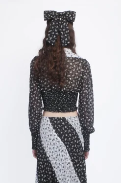 Ditsy Dot Chiffon Collared Smocked Top