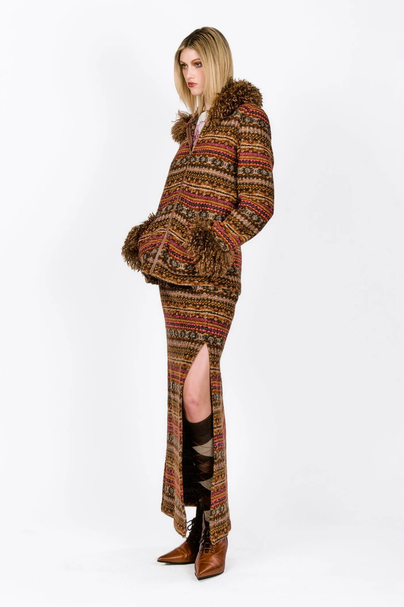 Fair Isle Fleece Maxi Skirt with Slit