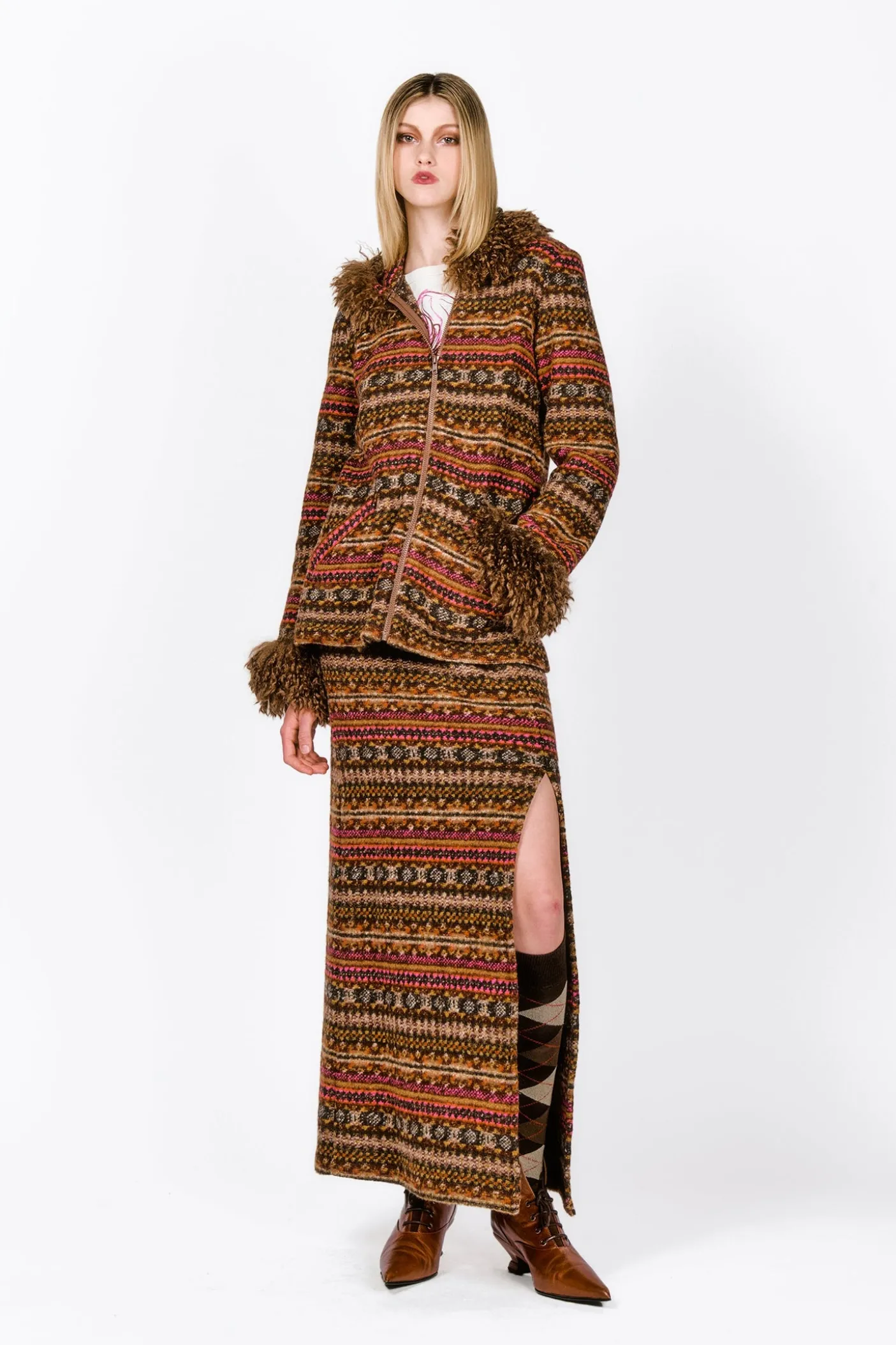 Fair Isle Fleece Maxi Skirt with Slit