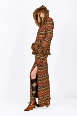 Fair Isle Fleece Maxi Skirt with Slit