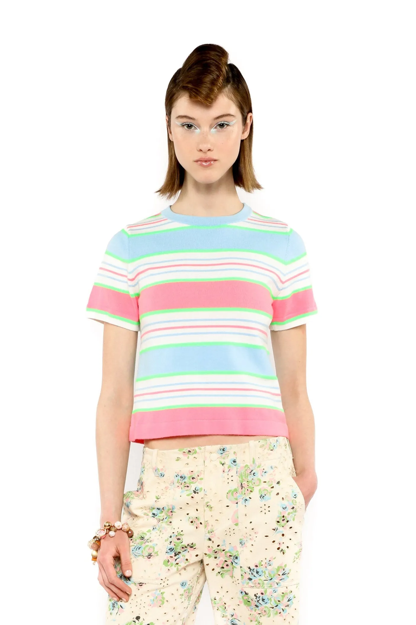 Fluorescent Stripe Short Sleeve Knit Top-Baby Blue