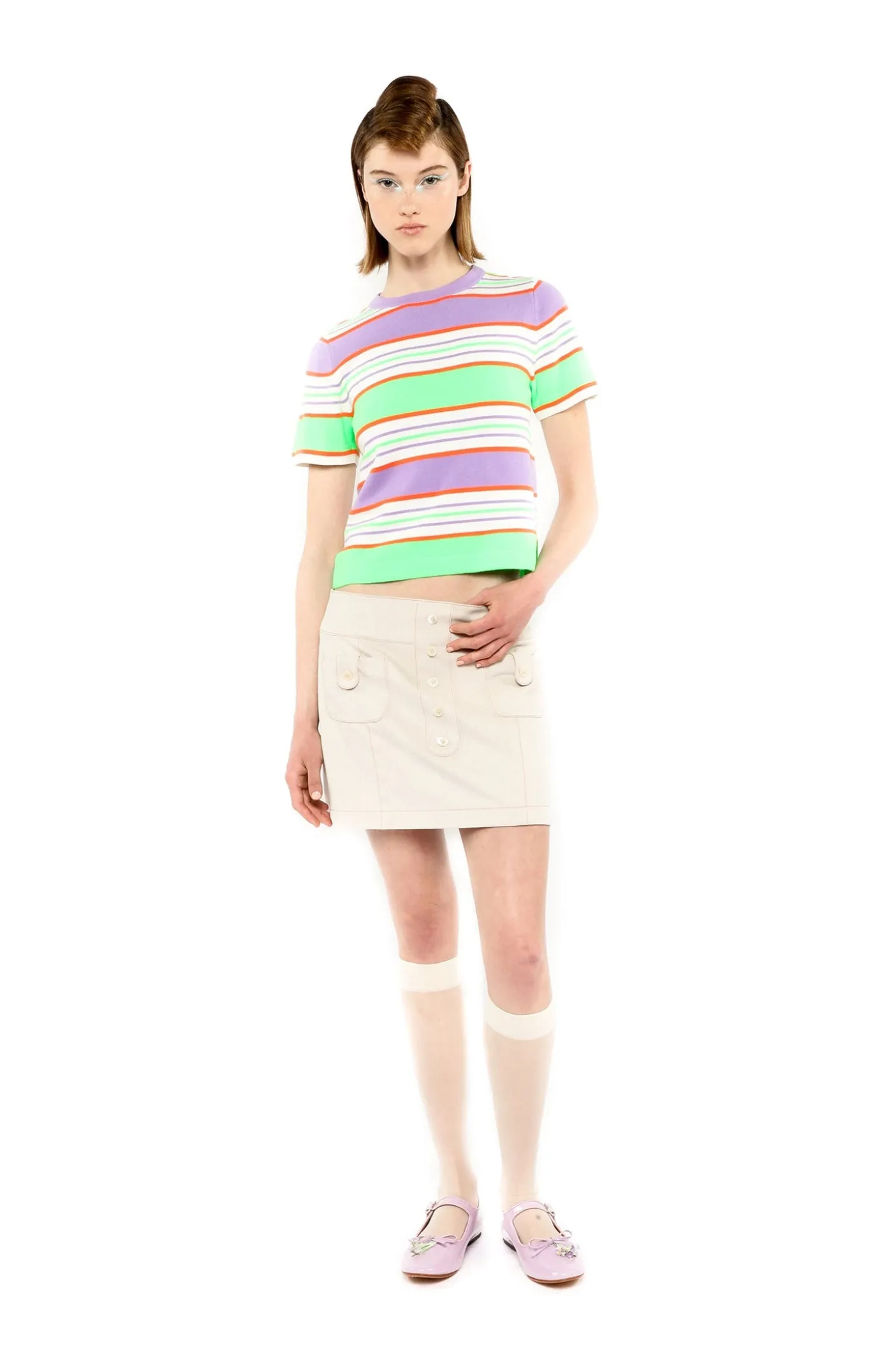 Fluorescent Stripe Short Sleeve Knit Top-Lavender