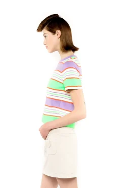Fluorescent Stripe Short Sleeve Knit Top-Lavender