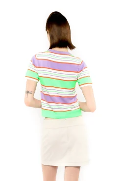 Fluorescent Stripe Short Sleeve Knit Top-Lavender