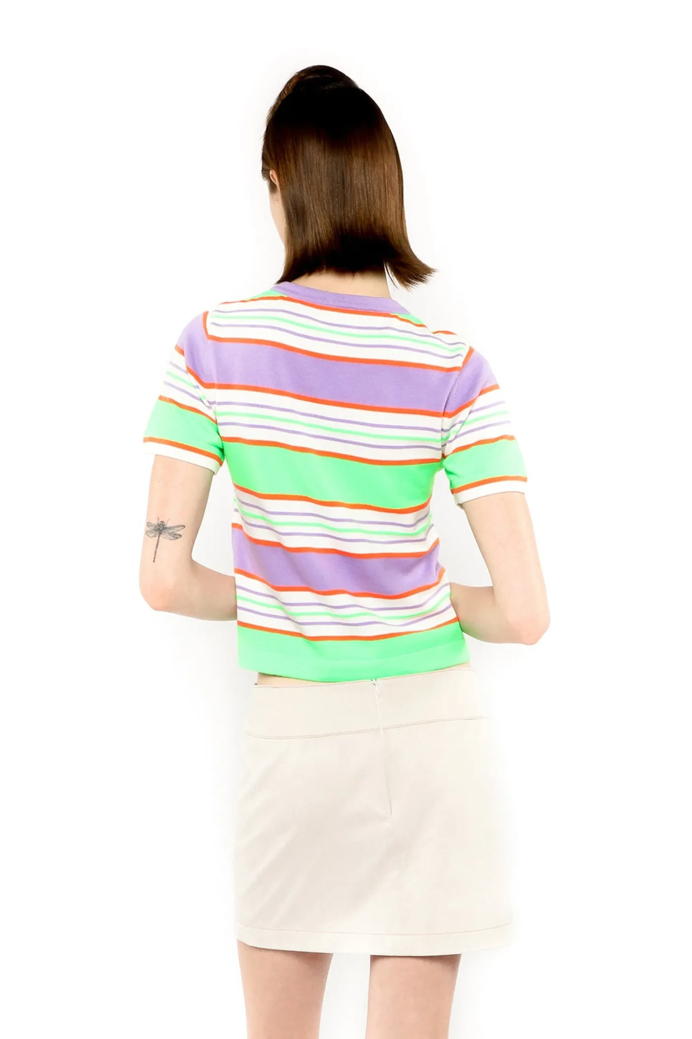 Fluorescent Stripe Short Sleeve Knit Top-Lavender