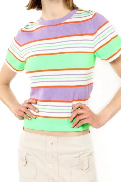 Fluorescent Stripe Short Sleeve Knit Top-Lavender