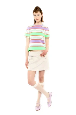 Fluorescent Stripe Short Sleeve Knit Top-Lavender