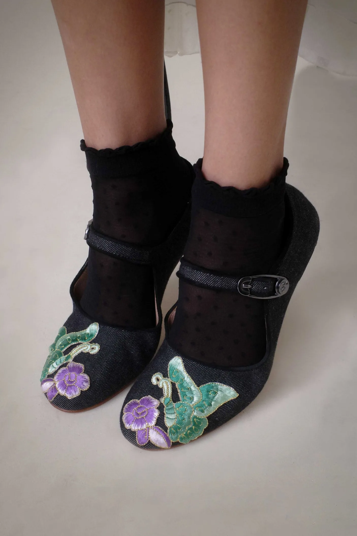 John Fluevog x Anna Sui Butterfly Mary Janes-Black Denim