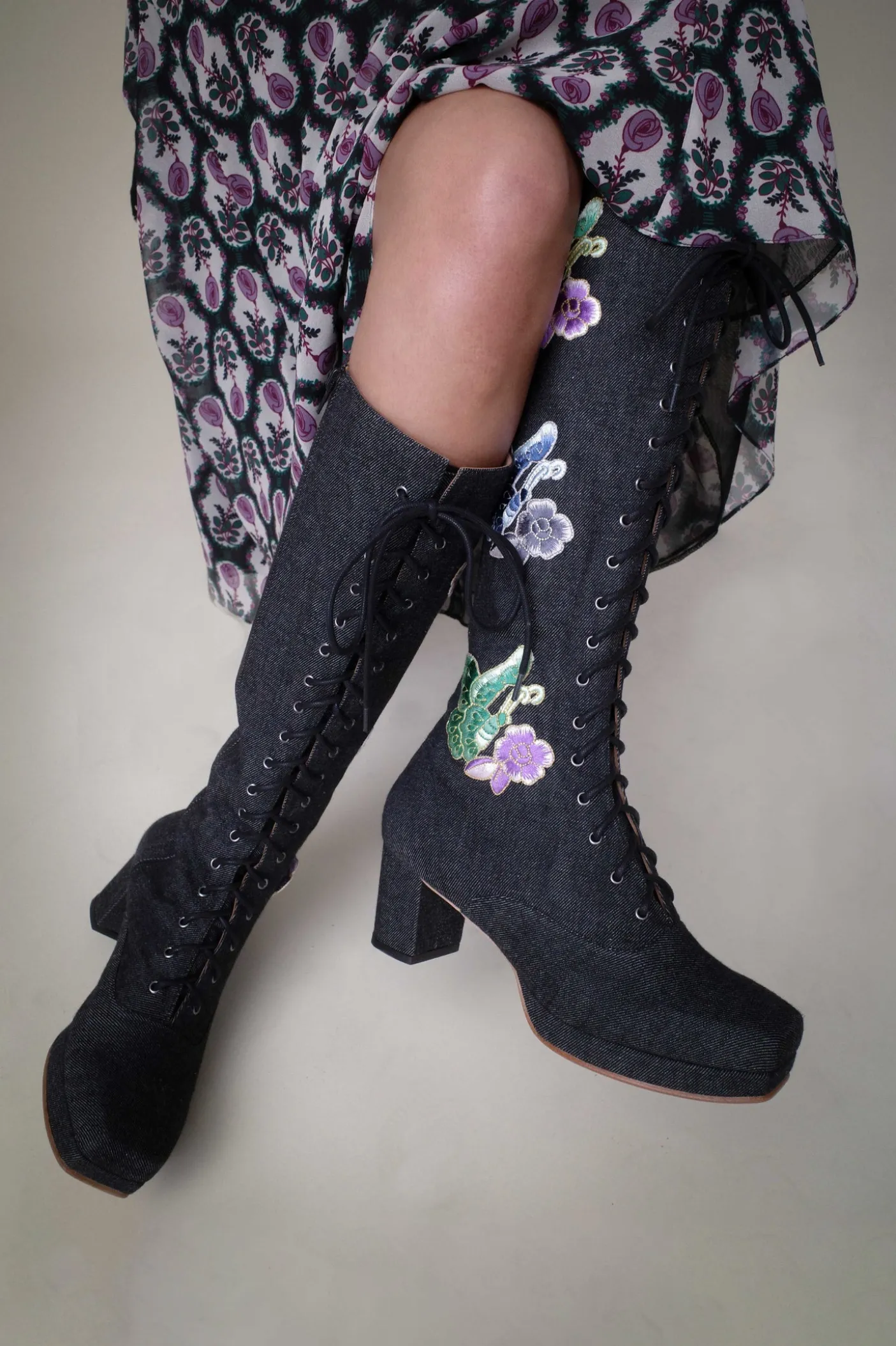 John Fluevog x Anna Sui Butterfly Boots- Black Denim