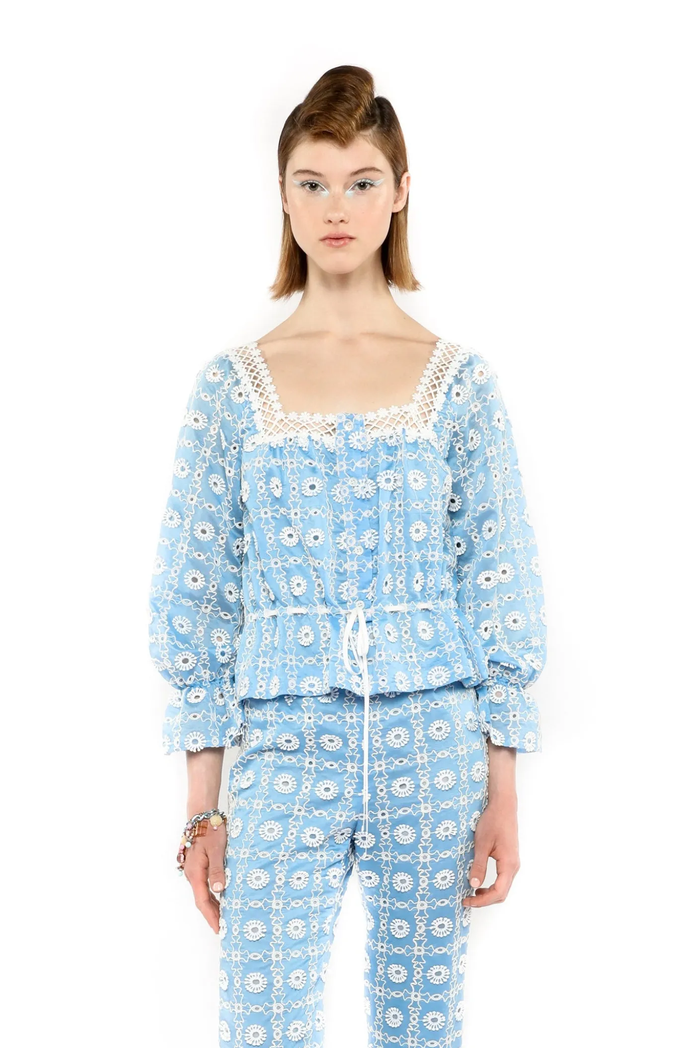Lattice Lace Embroidery Tie Blouse