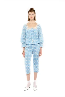 Lattice Lace Embroidery Tie Blouse