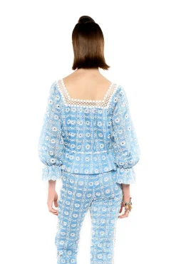 Lattice Lace Embroidery Tie Blouse