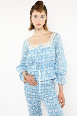 Lattice Lace Embroidery Tie Blouse