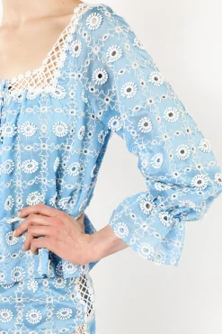 Lattice Lace Embroidery Tie Blouse