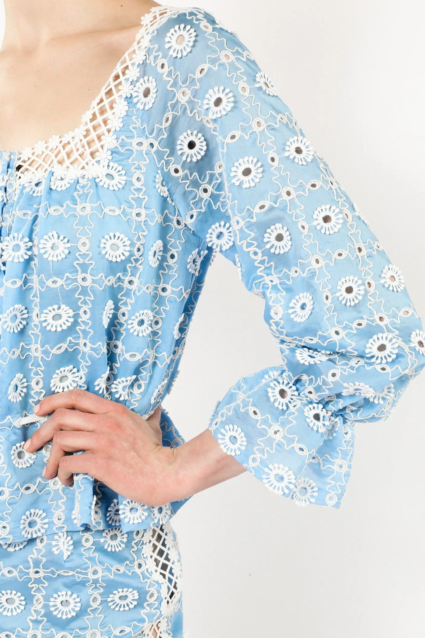 Lattice Lace Embroidery Tie Blouse