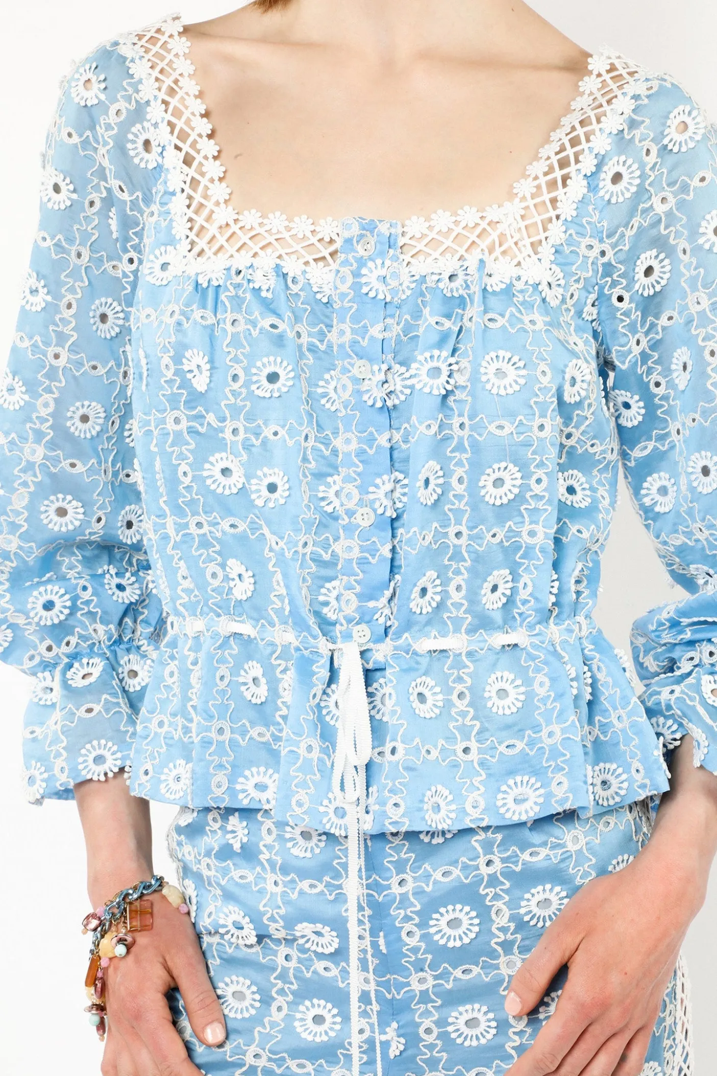 Lattice Lace Embroidery Tie Blouse