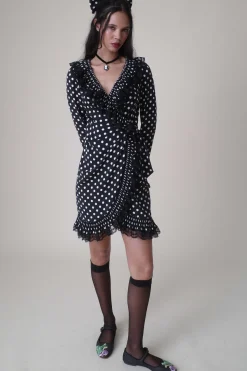 Polka Dot Pleated Wrap Dress