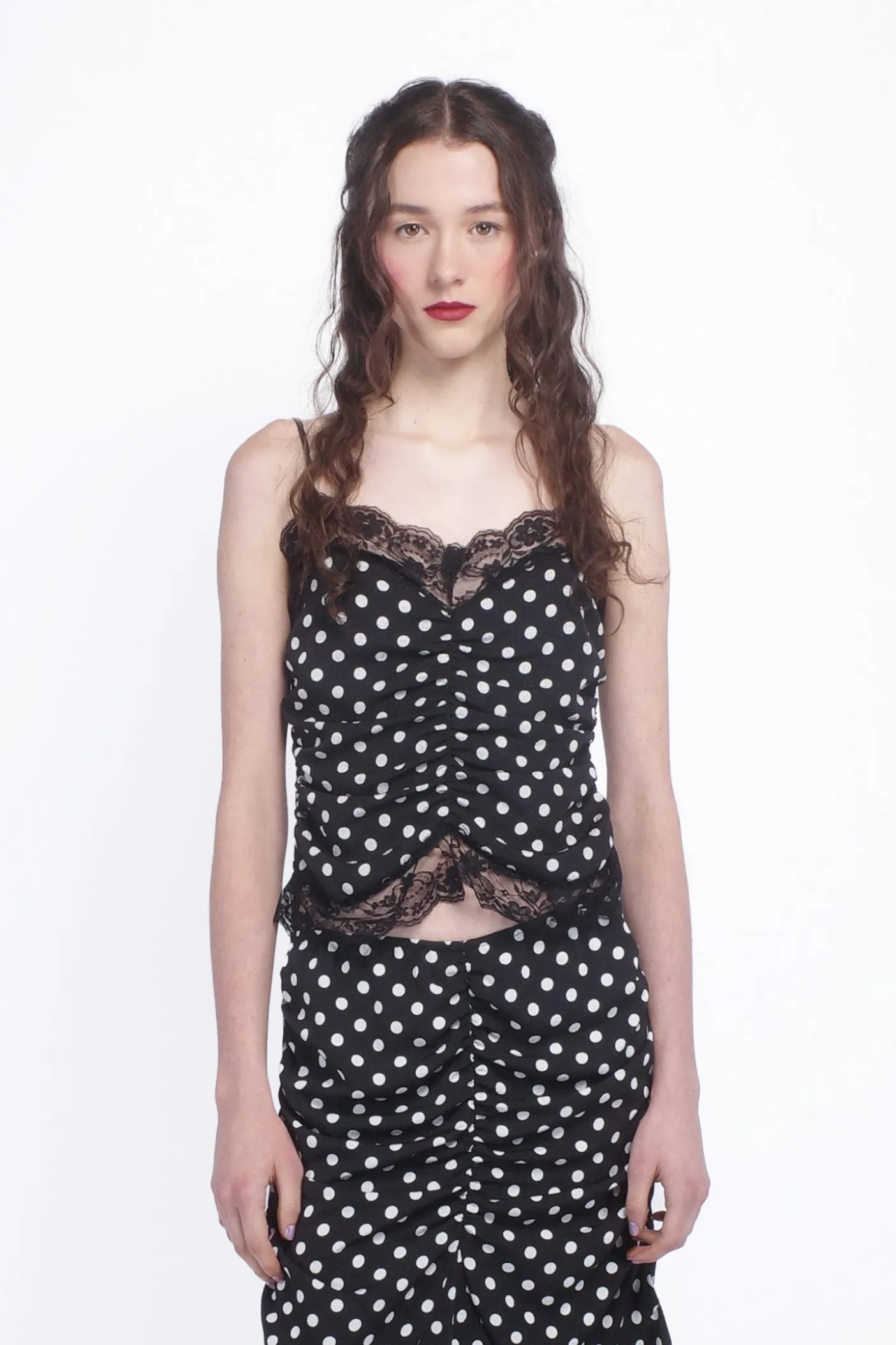 Polka Dot Ruched Lace Camisole
