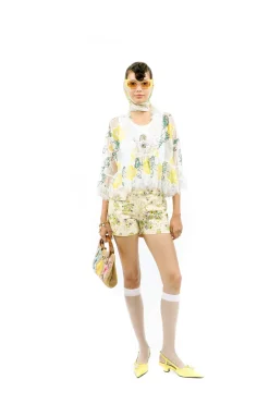 Rose Printed Chantilly Lace V-neck Blouse