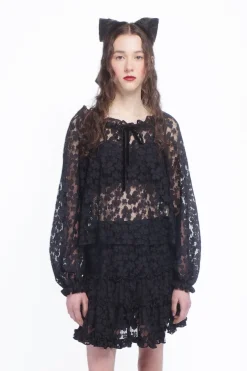Shadow Blossom Tulle Elastic Lace Blouse