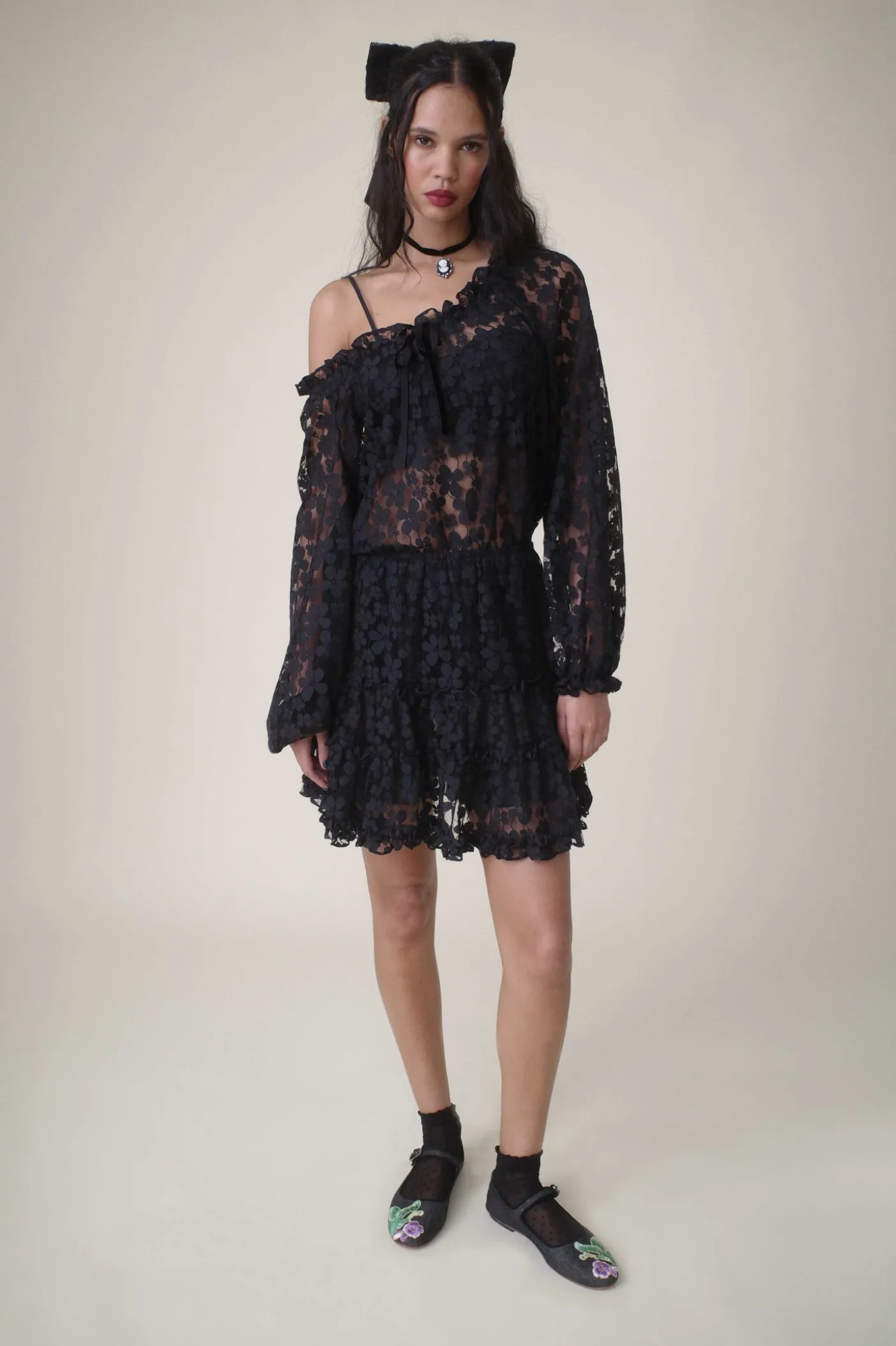 Shadow Blossom Tulle Elastic Lace Blouse