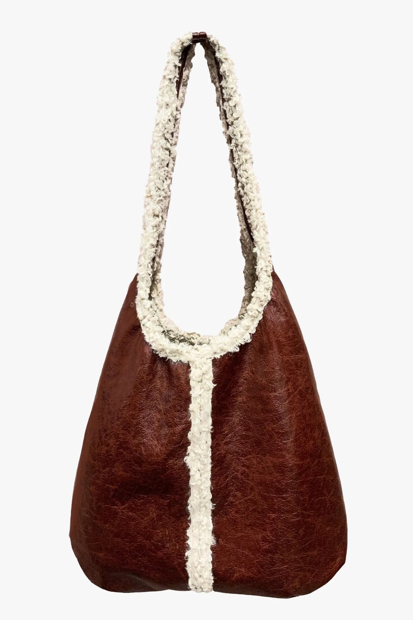 Tobacco Faux Leather with Curly Lamb Trim Hobo Bag