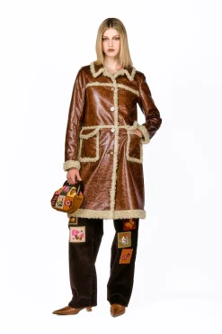 Tobacco Faux Leather with Curly Lamb Trim Coat